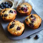 Cottage cheese blueberry muffins on wooden table
