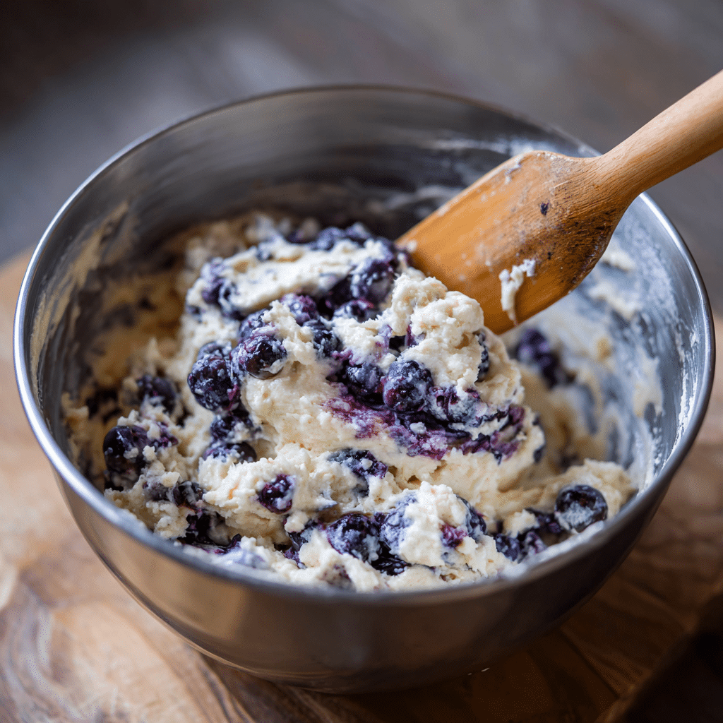Folding muffin batter with blueberries