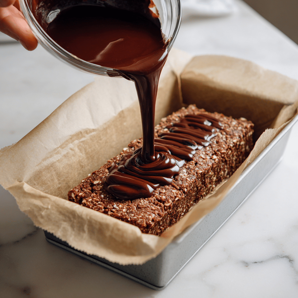 Chocolate topping being poured on cookie dough protein bars